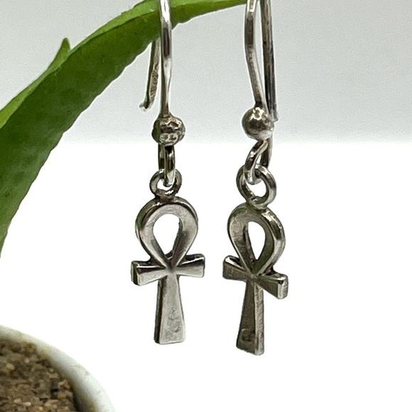 Ankh Symbol Earrings Vintage Dangle  Key of Life 925 Sterling Silver - Picture 1 of 11